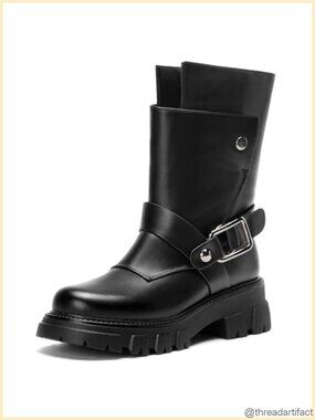 Women's Faux Leather Ankle Motorcycle Boots Chunky Lug Sole Biker Combat Boot